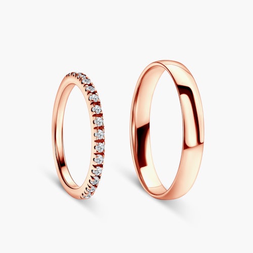 Obrączki ślubne The Light: różowe złoto, diamenty, półokrągłe, 1,5 mm i 3,5 mm